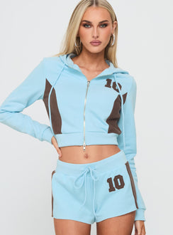 front view of model wearing Princess Polly Notable Double Zipper Jumper Blue cropped Jumpers 