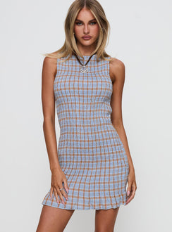 front view of model wearing Princess Polly Cecilea Shirred Mini Dress Blue High Neck 