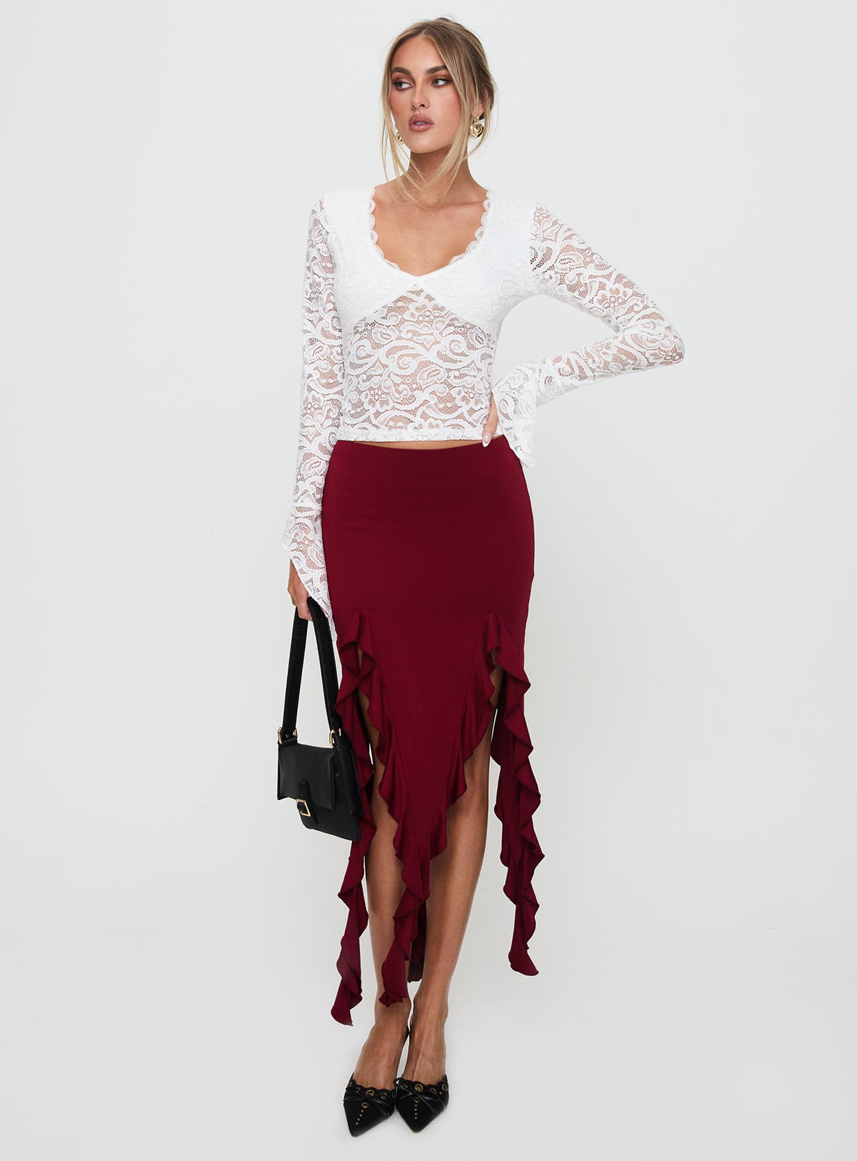   front view of model wearing Princess Polly Peachey Asymmetric Ruffle Midi Skirt Burgundy Midi Skirts Skirts 