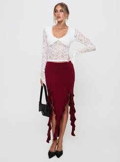   front view of model wearing Princess Polly Peachey Asymmetric Ruffle Midi Skirt Burgundy Midi Skirts Skirts 
