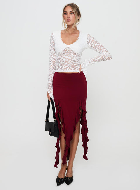   front view of model wearing Princess Polly Peachey Asymmetric Ruffle Midi Skirt Burgundy Midi Skirts Skirts 