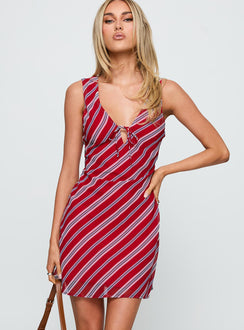front view of model wearing Princess Polly Nadiah Mini Dress Red Stripe V-Neck 