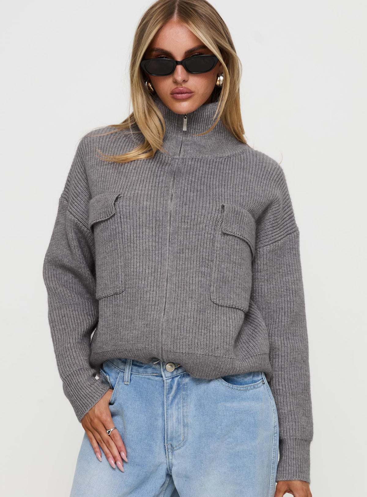 front view of model wearing Princess Polly Too Busy Zip Up Sweater Grey Cropped Jumpers Jumpers 