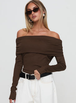 front view of model wearing Princess Polly Spoilt Off The Shoulder Bodysuit Brown Long Sleeve Tops Bodysuit 