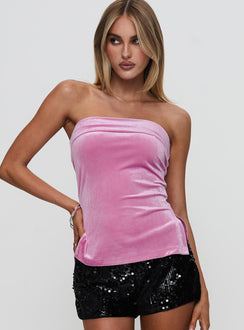 front view of model wearing Princess Polly Strutter Strapless Top Velvet Pink Sleeveless straight 