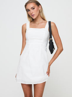 side view of model wearing Princess Polly Weavery Mini Dress White Square Neck 