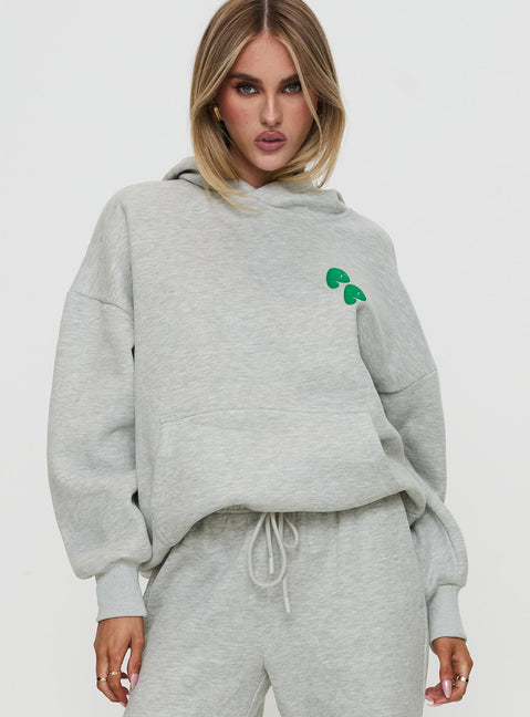 front view of model wearing Princess Polly Princess Polly Hooded Sweatshirt Bubble Text Grey Marle / Green Jumpers 