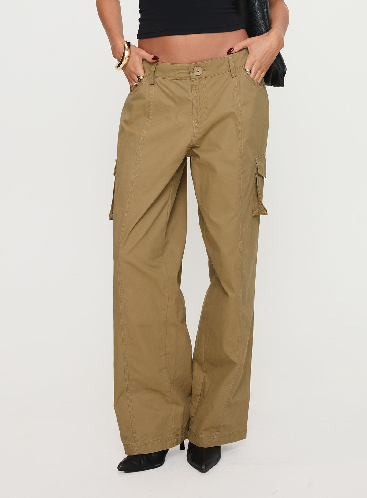 front view of model wearing Princess Polly Major General Cargo Pant Taupe Low Rise Pants Pants 