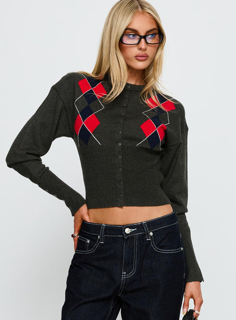 front view of model wearing Princess Polly Head In The Clouds Knit Cardigan Grey Argyle cropped Jumpers 