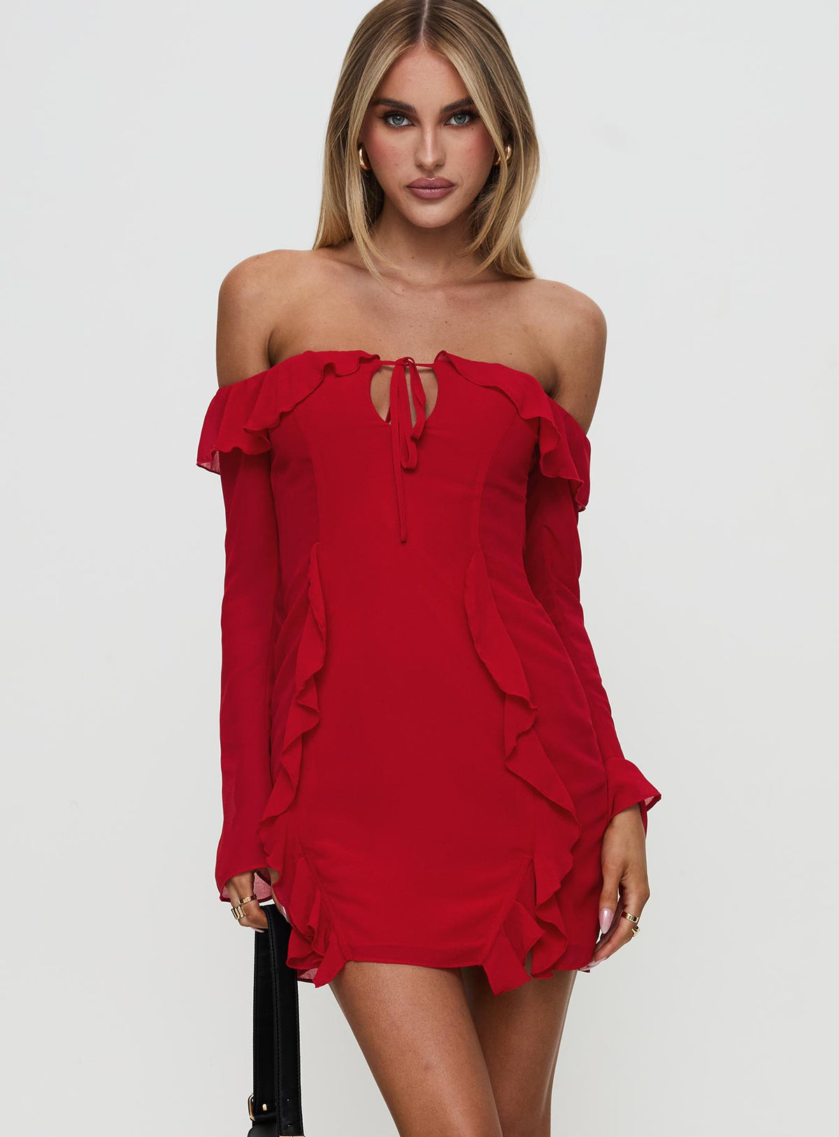 front view of model wearing Princess Polly Mollins Long Sleeve Mini Dress Red Straight Neck 
