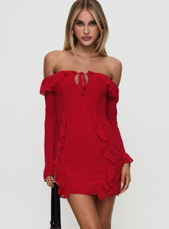 front view of model wearing Princess Polly Mollins Long Sleeve Mini Dress Red Straight Neck 