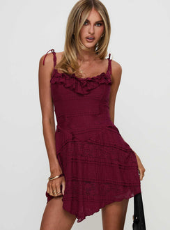 front view of model wearing Princess Polly Dwyer Mini Dress Burgundy Sweetheart Neckline 