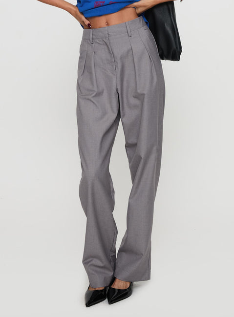 side view of model wearing Princess Polly Expertise Low Rise Pleat Pant Grey High Rise Pants Pants 