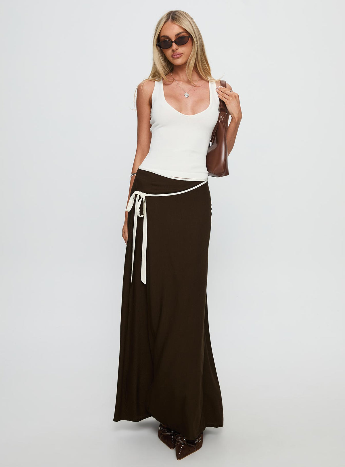   side view of model wearing Princess Polly Keirah Contrast Wrap Maxi Skirt Chocolate / White Maxi Skirts Skirts 