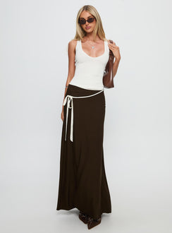   side view of model wearing Princess Polly Keirah Contrast Wrap Maxi Skirt Chocolate / White Maxi Skirts Skirts 