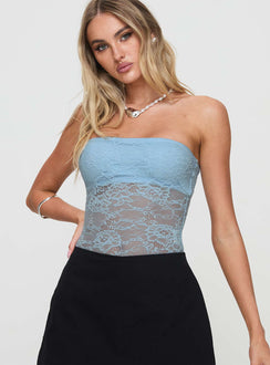 front view of model wearing Princess Polly Cupcake Strapless Bodysuit Blue Sleeveless Bodysuit 