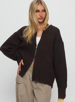 front view of model wearing Princess Polly Lexene Zip Through Jumper Chocolate Longline Jumpers Jumpers 