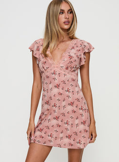 back view of model wearing Princess Polly Aurianna Mini Dress Pink Floral Sweetheart Neckline 