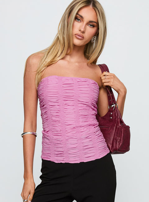 back view of model wearing Princess Polly Star Quality Strapless Ruched Top Pink Sleeveless straight 