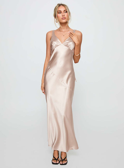 front view of model wearing Princess Polly Northern Star Maxi Dress Champagne V-Neck 