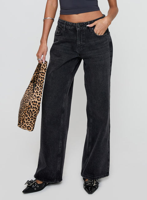 front view of model wearing Princess Polly Serenitia Mid Rise Straight Leg Jeans Washed Black Tall Mid Rise Jeans Jeans 