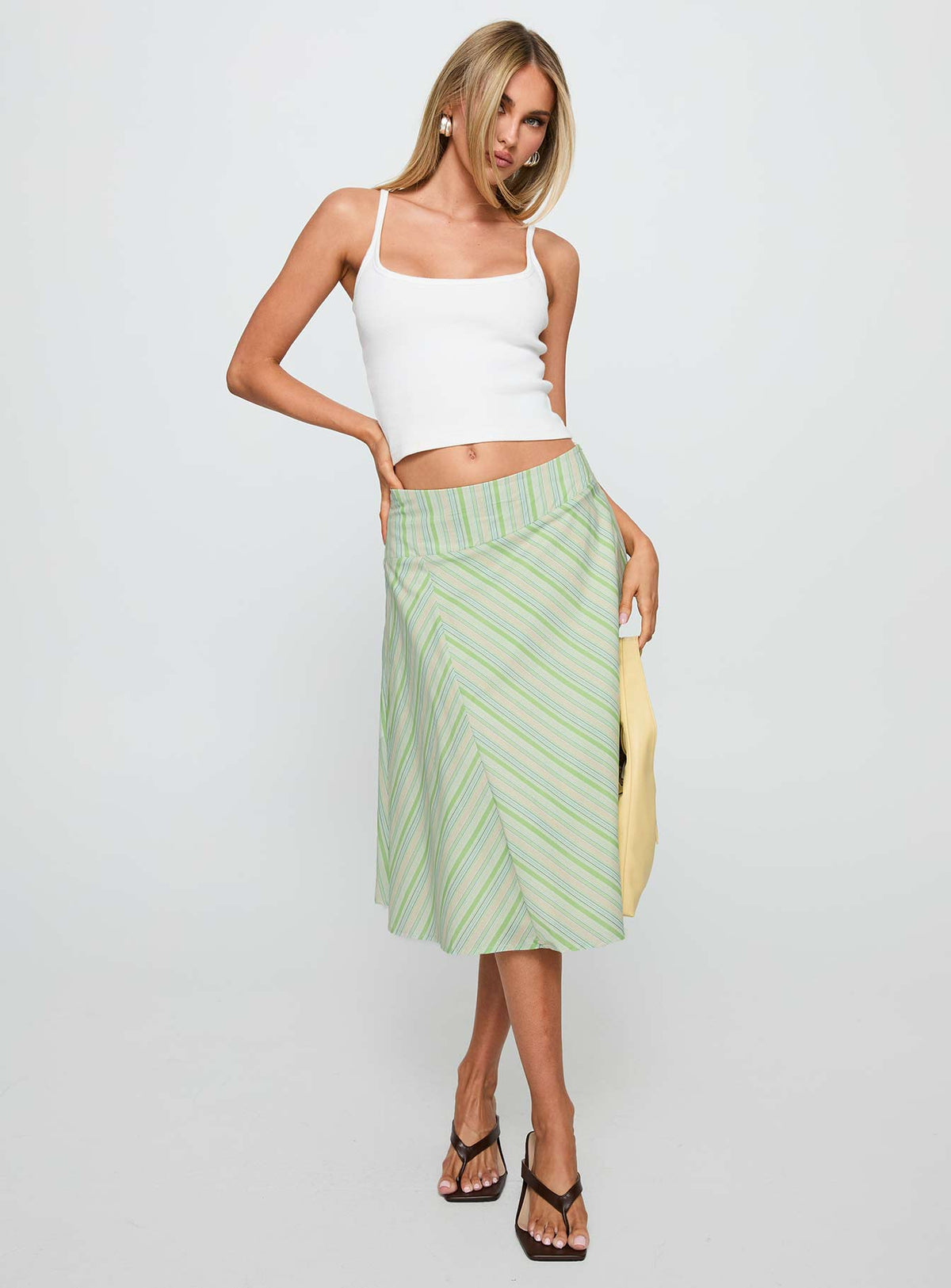 back view of model wearing Princess Polly Vettie Midi Skirt Green Multi Midi Skirts Skirts 