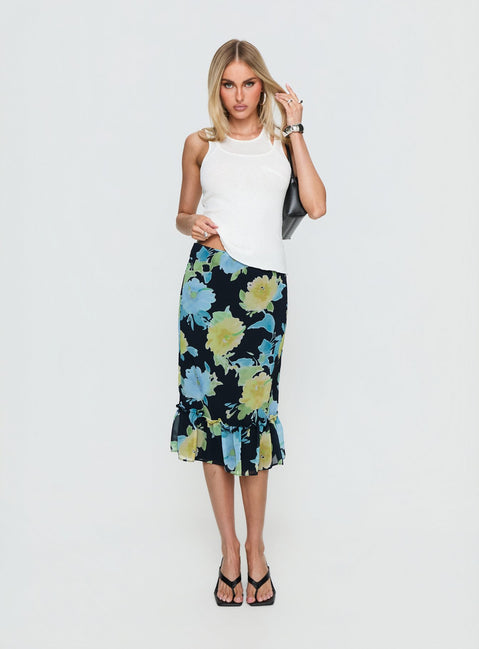   front view of model wearing Princess Polly Tarla Midi Skirt Crystal Black Flower Midi Skirts Skirts 