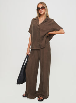 front view of model wearing Princess Polly Mahlab Pants Chocoloate High Rise Pants Pants 