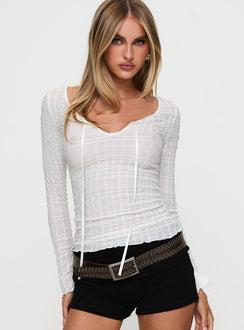 front view of model wearing Princess Polly Raelynne Tie Detail Top White Full Sleeves Scoop Neck 