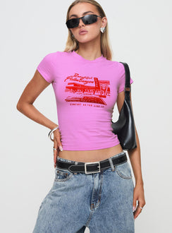 front view of model wearing Princess Polly Palm Canyon Tee Pink Short Sleeves Crew Neck 