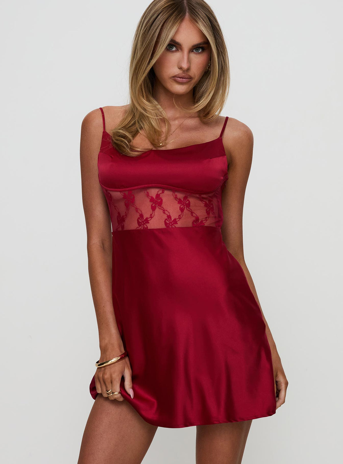 front view of model wearing Princess Polly Le Tigre Lace Mini Dress Red Scoop Neck 
