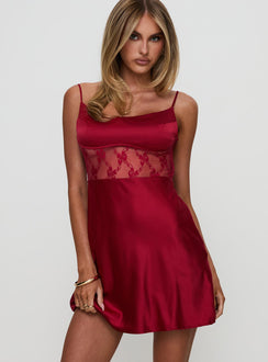 front view of model wearing Princess Polly Le Tigre Lace Mini Dress Red Scoop Neck 