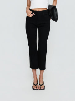 front view of model wearing Princess Polly Cindee High Rise Cropped Jeans Jet Black High Rise Jeans Jeans 