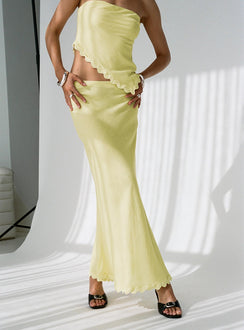 back view of model wearing Princess Polly Silvershore Maxi Skirt Yellow Maxi Skirts Skirts 