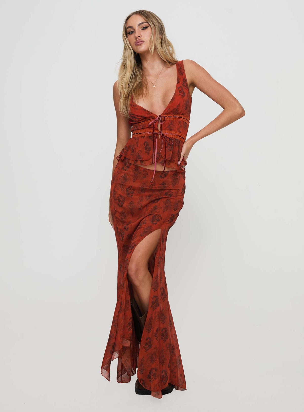   front view of model wearing Princess Polly Nikolise Maxi Skirt Red Maxi Skirts Skirts 