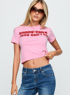 front view of model wearing Princess Polly Sonny And Cher Vintage Graphic Top Pink Short Sleeves Crew Neck 