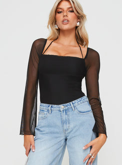 front view of model wearing Princess Polly Liva Sheer Sleeve Bodysuit Black Sleeveless Bodysuit 