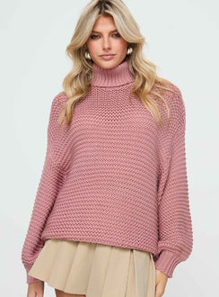 front view of model wearing Princess Polly Hayworth Turtle Neck Sweater Pink Longline Jumpers Jumpers 