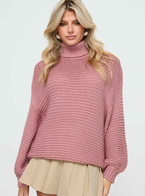 front view of model wearing Princess Polly Hayworth Turtle Neck Sweater Pink Longline Jumpers Jumpers 