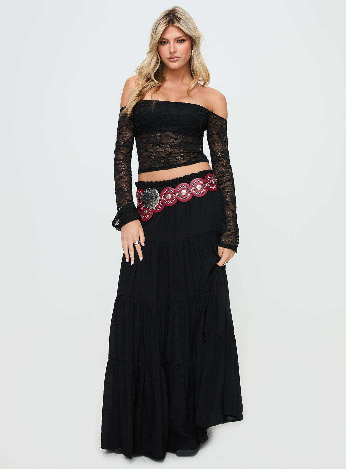   front view of model wearing Princess Polly Mya Maxi Skirt Black Maxi Skirts Skirts 