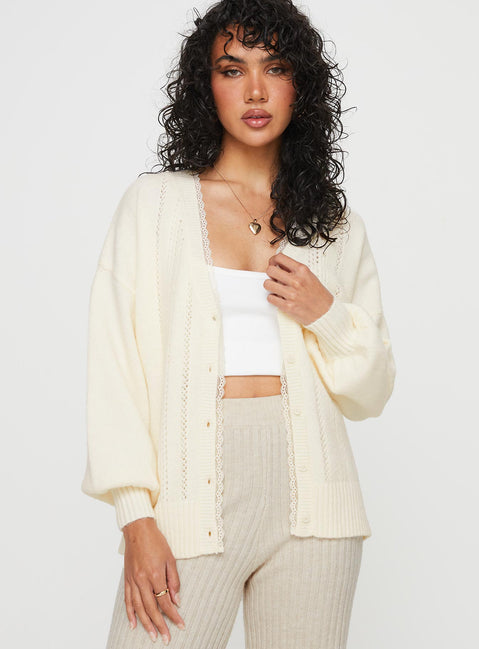 front view of model wearing Princess Polly Oakleigh Cardigan Cream Longline Jumpers Jumpers 