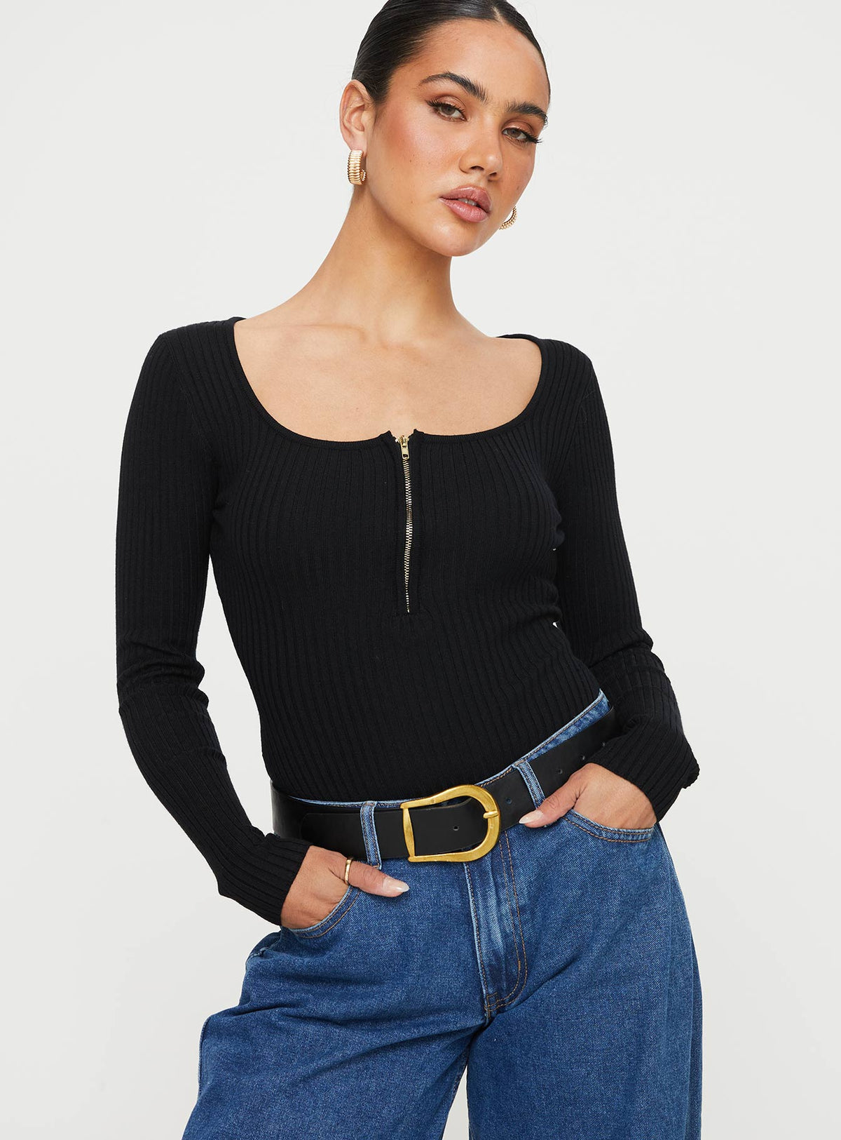 front view of model wearing Princess Polly Zuma Long Sleeve Bodysuit Black Long Sleeve Tops Bodysuit 