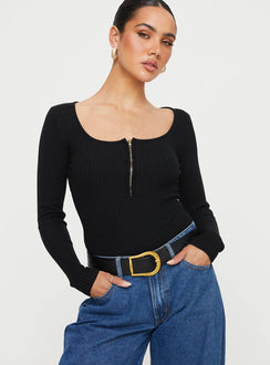 front view of model wearing Princess Polly Zuma Long Sleeve Bodysuit Black Long Sleeve Tops Bodysuit 