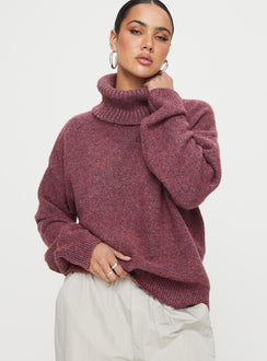 front view of model wearing Princess Polly Oswin Turtleneck Sweater Burgundy Jumpers 