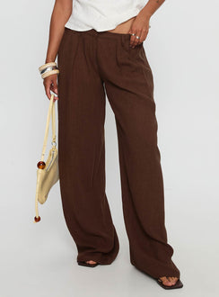 side view of model wearing Princess Polly Vianca Low Rise Linen Pant Chocolate High Rise Pants Pants 