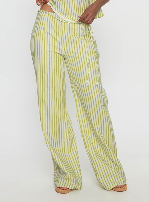 side view of model wearing Princess Polly With Pleasure Tie Side Pant Green / Blue Stripe Mid Rise Pants Pants 