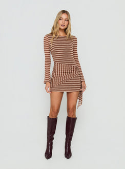 Avenor Long Sleeve Tie Detail Mini Dress Brown / Yellow Stripe