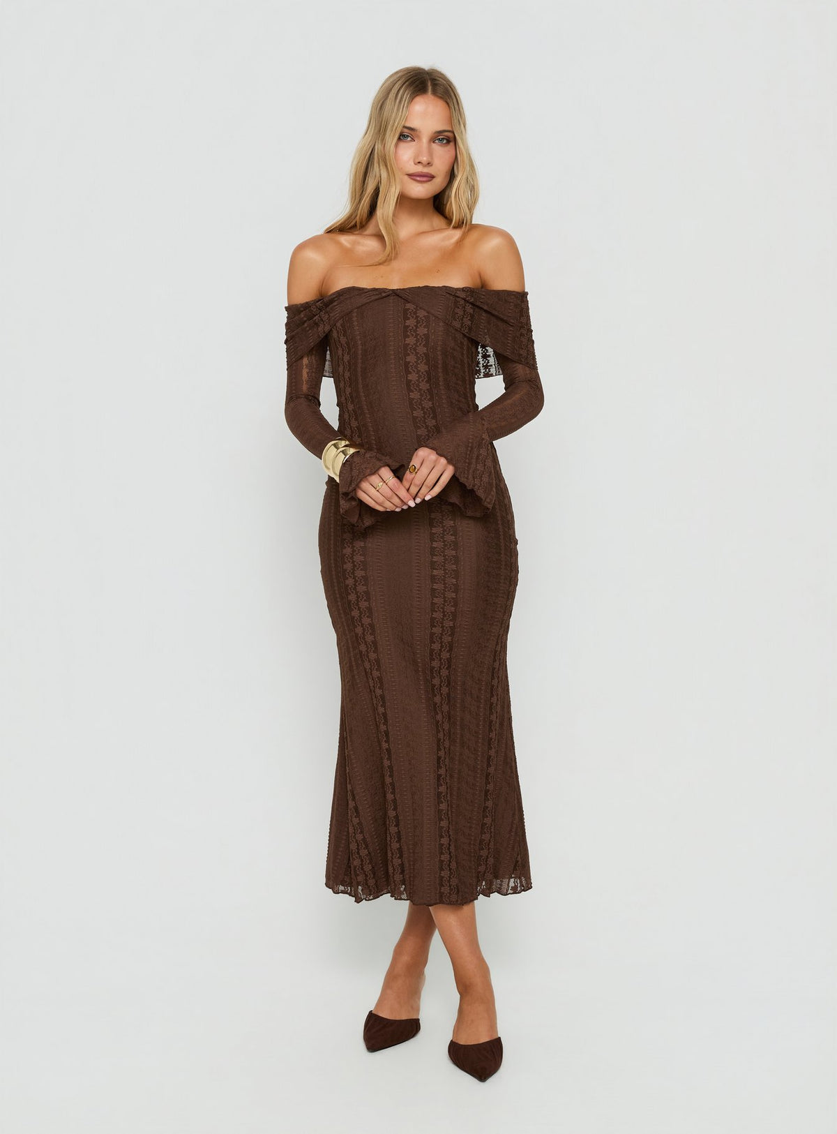 Perdita Long Sleeve Lace Maxi Dress Dark Brown