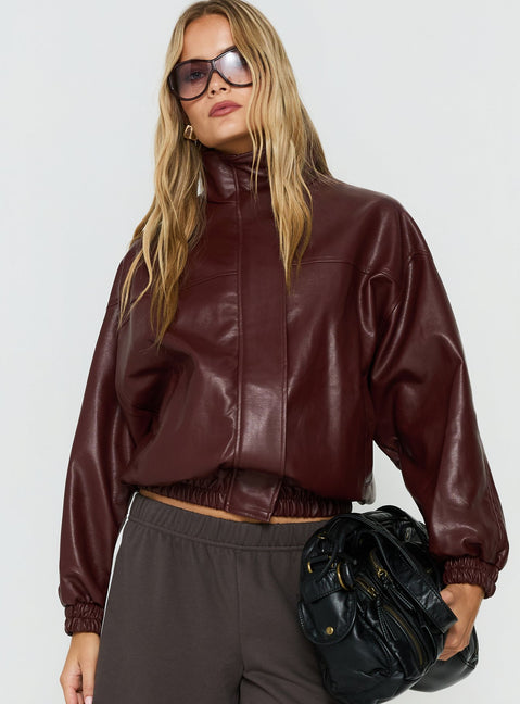 Dialtone Funnel Neck Faux Leather Jacket Burgundy