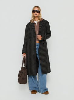Olimpea Longline Trench Coat Black Pinstripe
